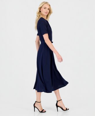 Women's Twist-Neck Flared Midi Dress