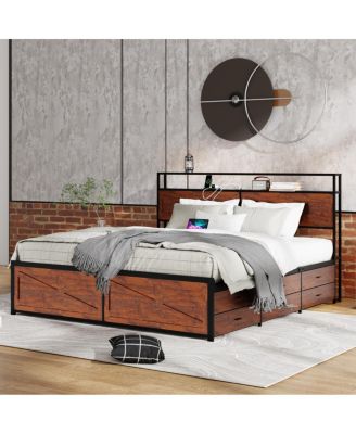 King Bed Frame with Storage Headboard & 12 Drawers, LED Lights, Metal Platform