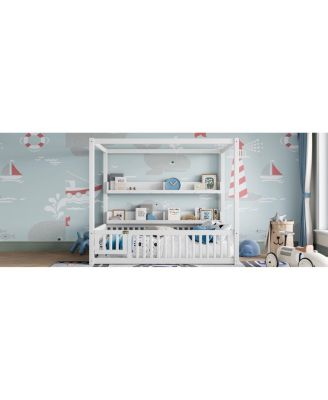  Full Size Canopy Bed with Guardrails & Shelves