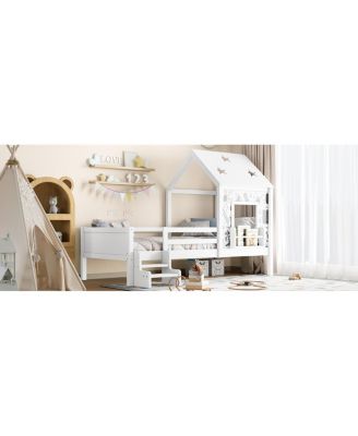 Twin House Bed with Stairs, Bookcase, Blackboard & Roof