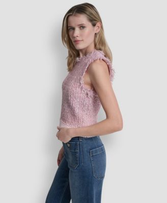 Women's Sleeveless Tweed Fringe Trimmed Sweater