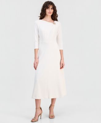 Women's Asymmetric-Neck 3/4-Sleeve Midi Dress