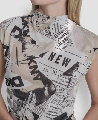 Women's Newspaper-Print Mock Neck Knit Mesh Top
