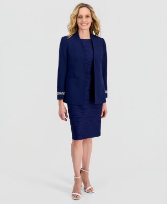 Women's Stretch Crepe Collarless Embellished Bracelet-Sleeve Jacket & Wave Knit Sheath Dress