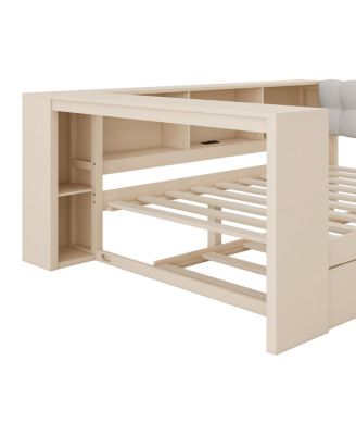 Wood Full Platform Bed w/Storage, Trundle, Charging Station, Upholstered Headboard