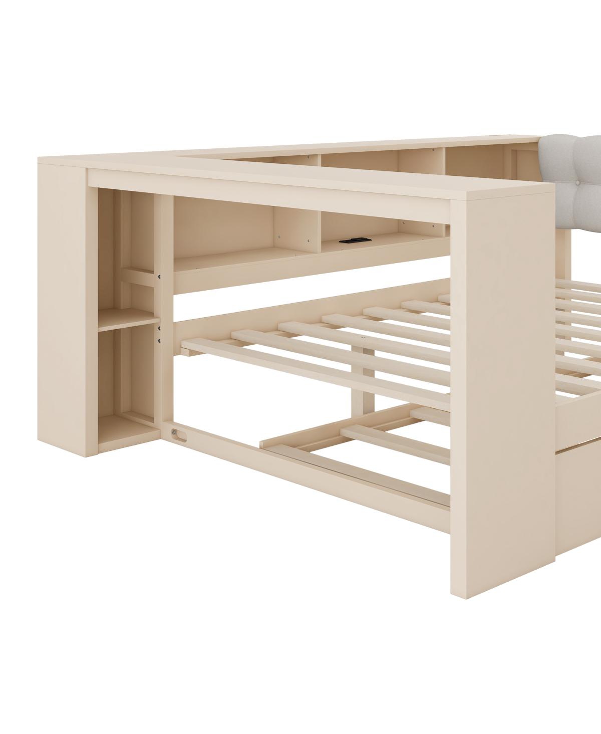 Streamdale Furniture Wood Full Platform Bed w/Storage, Trundle, Charging Station, Upholstered Headboard
