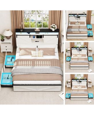 Farmhouse Full Bed Frame w/ Storage Headboard, Drawers, Charging & LED Lights