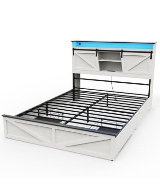 Farmhouse Full Bed Frame w/ Storage Headboard, Drawers, Charging & LED Lights