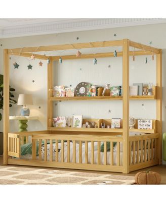 Twin Size Solid Wood Montessori Floor Bed Frame with Guardrails & Shelves