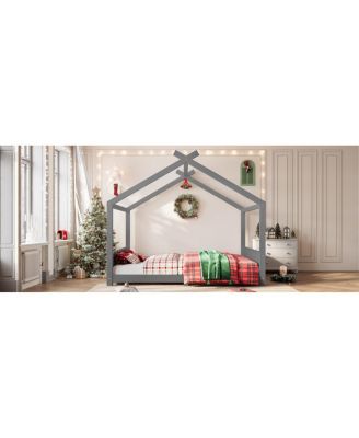 Queen House Floor Bed with Slats, Solid Wood Frame for Kids