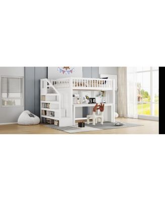 Full Size Loft Bed with Desk and Storage Stairs