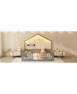 Full Floor Bed with High Rails, Montessori Bed with Light for Kids