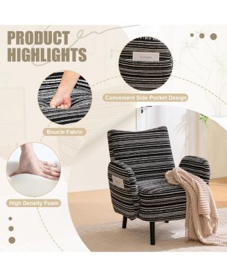  Modern armchair with sanded fabric, side pocket, solid wood legs