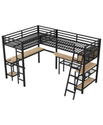 Metal L-Shaped Loft Bed with LED, Storage, 2 Desks & Charging Stations