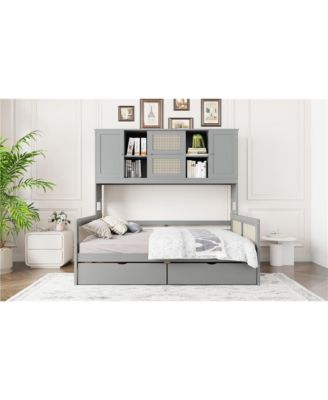  Full Size Wooden Daybed With 2 Drawers, and All-in-One Cabinet and Shelf, Gray