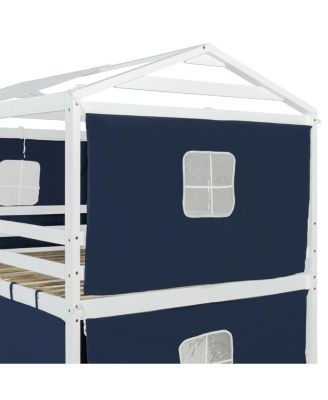 Full Size Bunk Wood House Bed with Tent