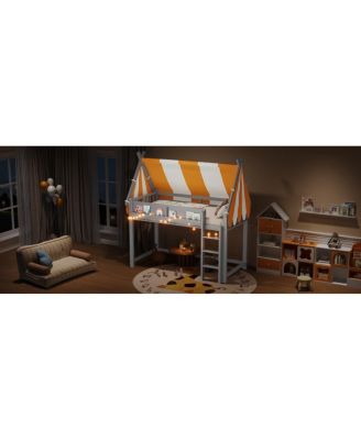 Twin Size Loft Bed with Canopy, LED Lights & Book Shelf