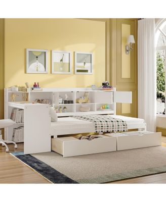  Wooden L-Shape Daybed with 7 Cabinets, 2 Drawers, Desk & Bookshelf, White