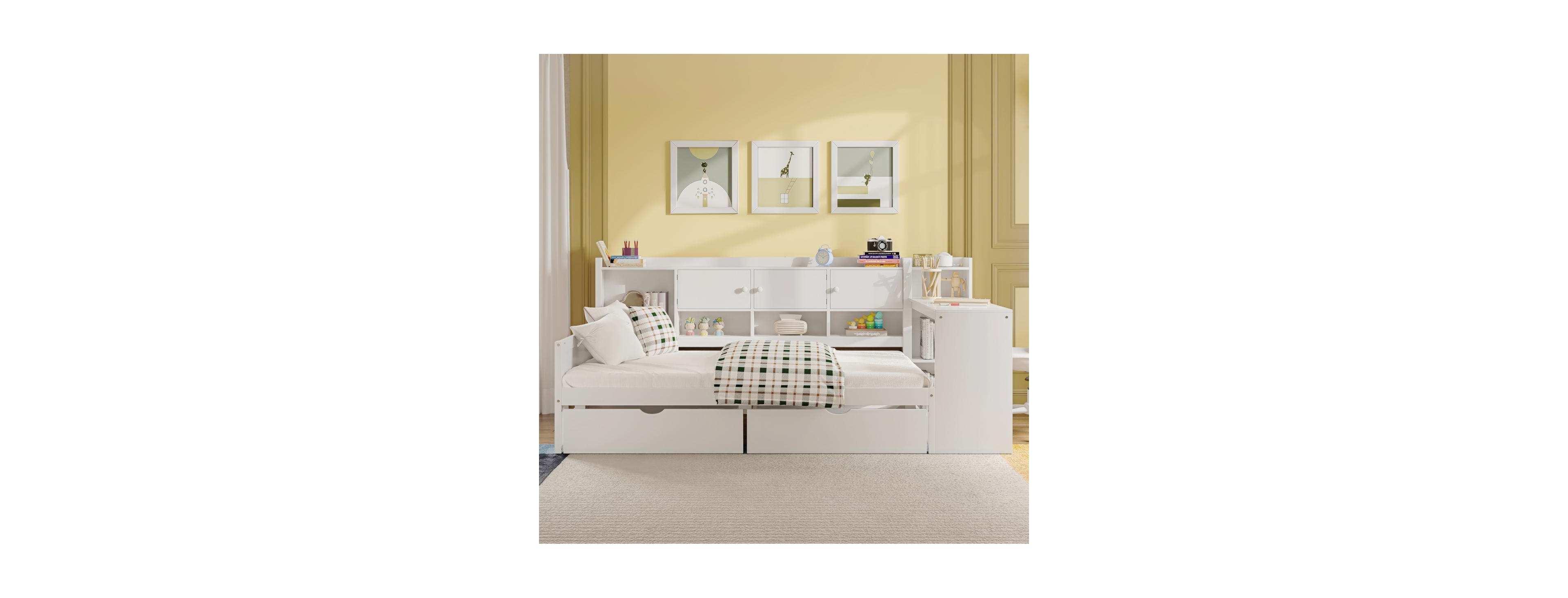 Streamdale Furniture Wooden L-Shape Daybed with 7 Cabinets, 2 Drawers, Desk & Bookshelf, White