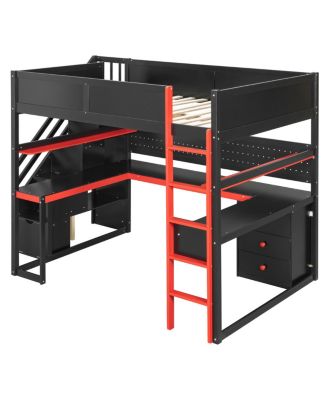 Full Size Wooden Gaming Loft Bed with Storage Stairs, Desk, Shelves & Pegboard
