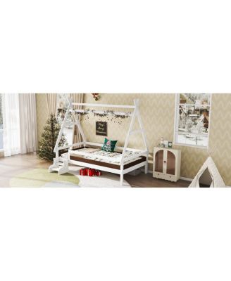  Twin House Platform Bed with Stairs, Solid Wood