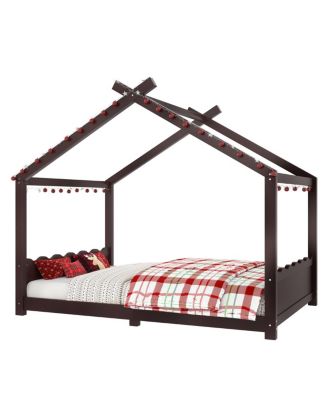  Full House Floor Bed with Support Slats, Solid Wood House Bed Frame for Kids, Espresso