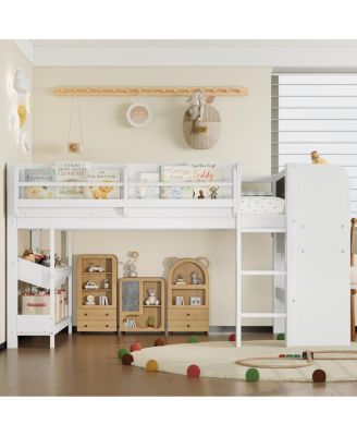 Twin Loft Bed with Storage, Desk & Blackboard, White