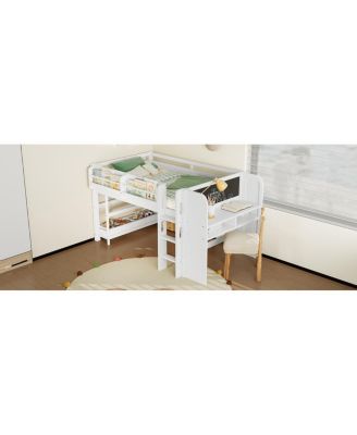 Twin Loft Bed with Storage, Desk & Blackboard, White