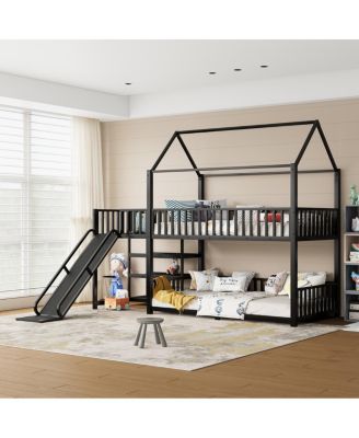 Twin metal House Bunk Bed with Storage Stairs, Slide, Safety Rails