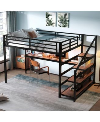 Streamdale Queen Loft Bed with Desk and Storage Stairs, Metal Loft Bed with LED Lights & USB Ports, Black
