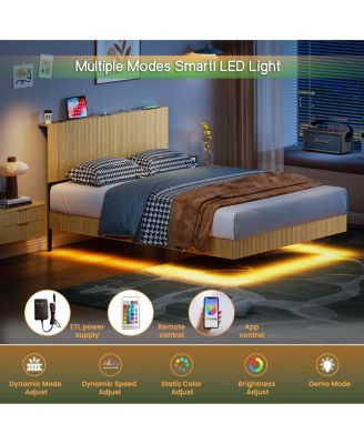 Oak Queen Floating Bed with Charging Station & LED Lights