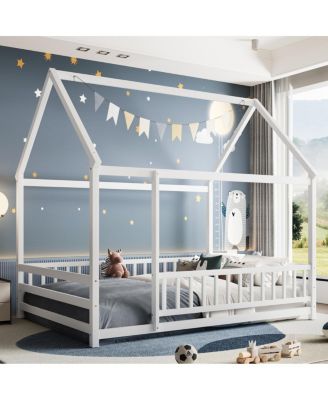  Full Size Floor Wooden Bed with House Roof Frame, Fence Guardrails, White