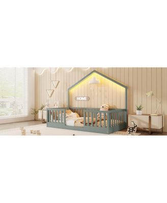  Twin Floor Bed with High Rails, Montessori Wooden Bed with Light, Gray