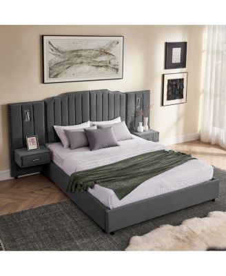 Velvet Upholstered Bed Frame with Vertical Stripes