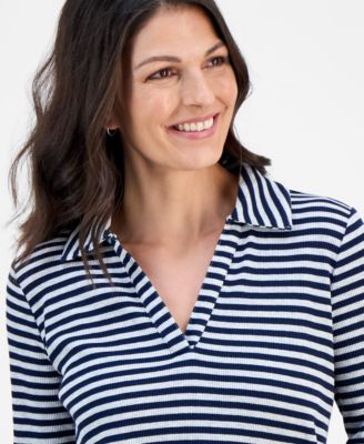 Women's Striped Waffle-Knit Collared Top