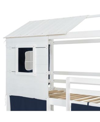 Twin Size Bunk Wood House Bed with Tent