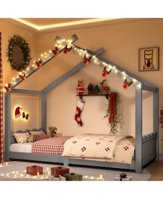Twin House Floor Bed with Slats, Solid Wood House Bed Frame for Kids, Gray