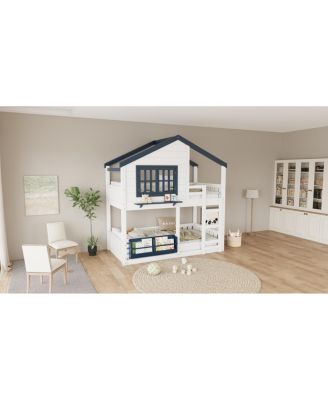 Twin Bunk/Loft Bed with Bookshelf, House Design, Safety Fencing, White & Blue
