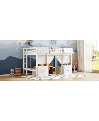  Full Loft Bed with Bookshelf, Curtain, Storage Shelf, Playful Design, White