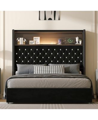 Full Size Velvet Tufted Bed Frame with USB