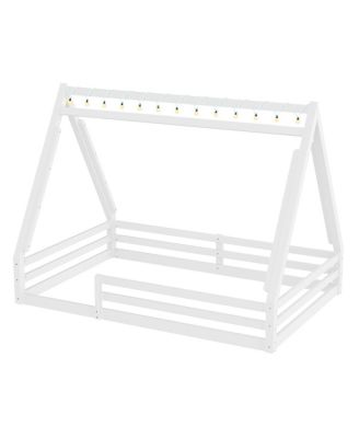 Full Size House Floor Bed with Tent and Light, Solid Wood Teepee Design