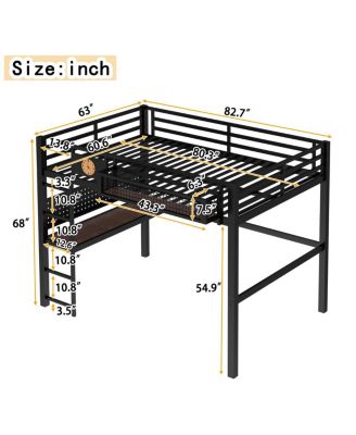 Queen Size Loft Bed Frame with Desk and Storage