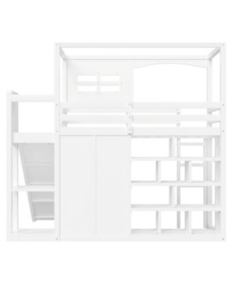 Wood Twin Size Loft Bed with Wardrobe, Storage Shelves, Slide and LED