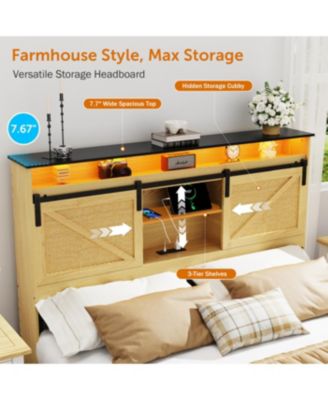 Farmhouse Queen Storage Bed Frame with Headboard, Drawers, Charging & LED