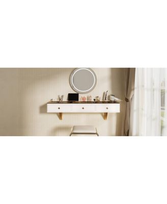 Streamdale 47" Floating Shelf with Drawer, Multi-Purpose Wall-Mounted Vanity Table, White/Golden
