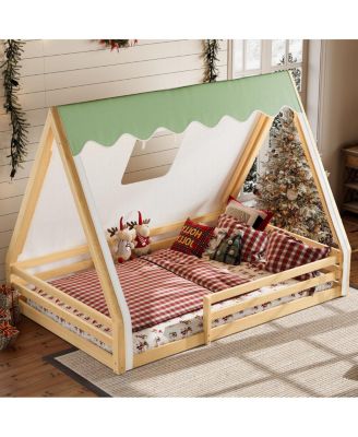Full Size House Floor Bed with Tent and Light, Solid Wood Teepee Design