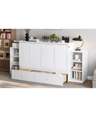 Queen size Murphy bed with storage drawers and shelves.