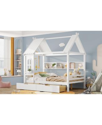 Full House Beds with Storage Drawers and Window, Solid Wood House Platform Bed Frame, White