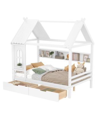 Full House Beds with Storage Drawers and Window, Solid Wood House Platform Bed Frame, White