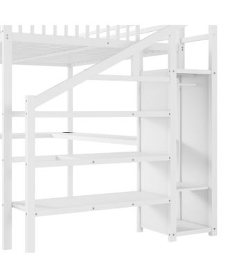 Metal Queen Loft Bed with Wardrobe, LED Light & L-Shaped Desk